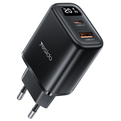 Punjač mreže Yesido YC68, 20W displej, 3A, 1 x USB-A - 1 x USB-C, crni