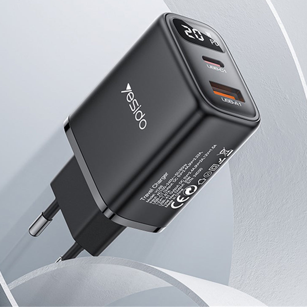 Punjač mreže Yesido YC68, 20W displej, 3A, 1 x USB-A - 1 x USB-C, crni