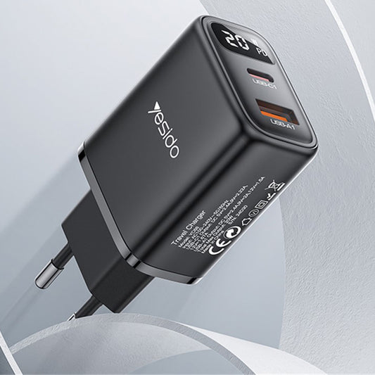 Punjač mreže Yesido YC68, 20W displej, 3A, 1 x USB-A - 1 x USB-C, crni