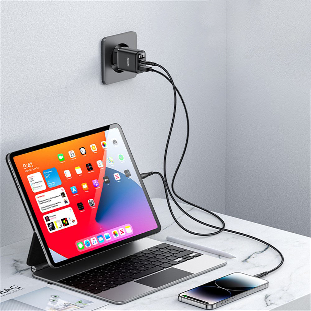 Punjač mreže Yesido YC68, 20W displej, 3A, 1 x USB-A - 1 x USB-C, crni