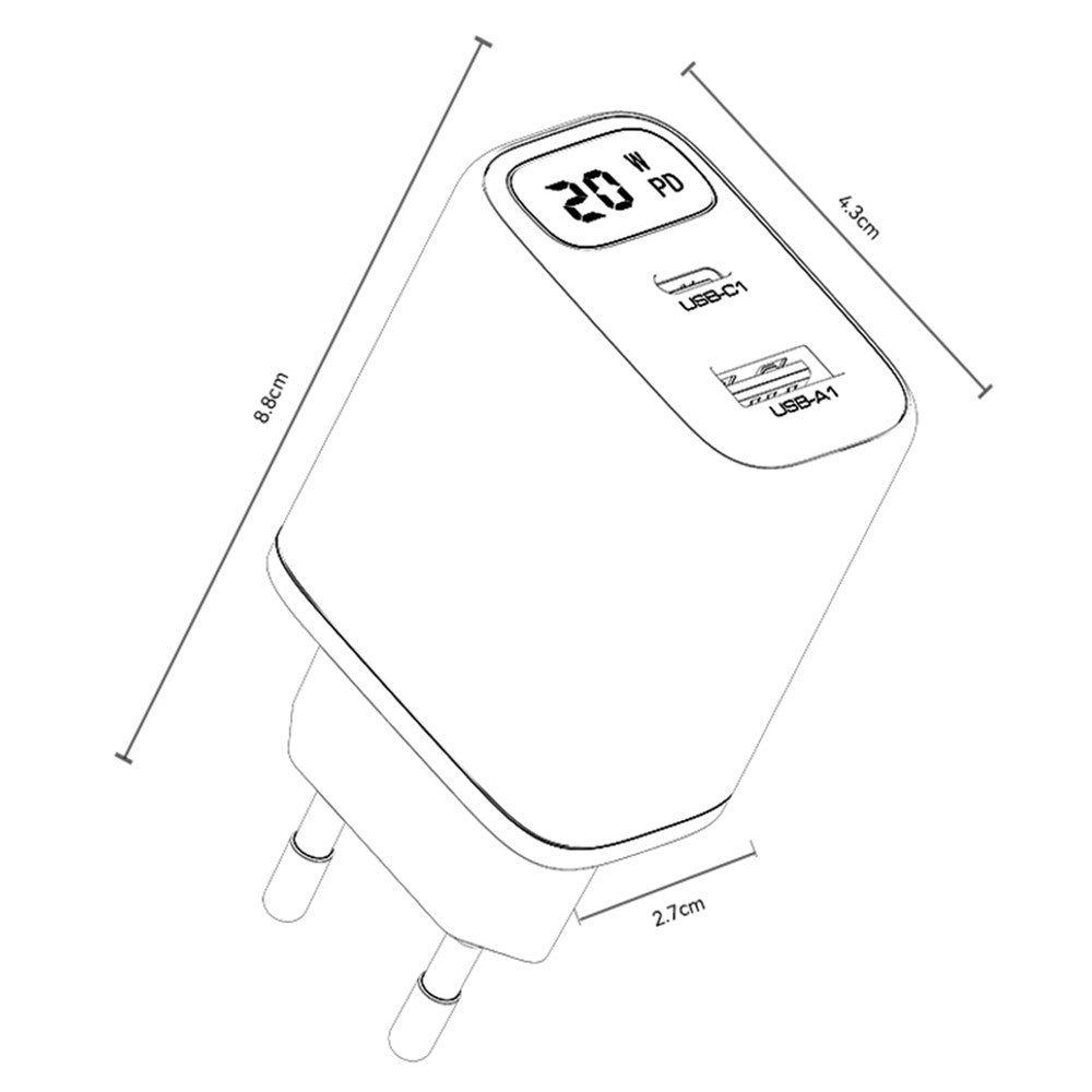 Punjač mreže Yesido YC68, 20W displej, 3A, 1 x USB-A - 1 x USB-C, crni