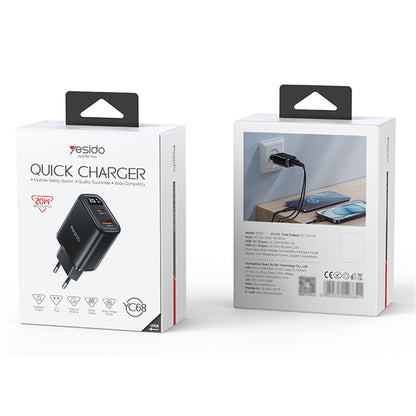 Punjač mreže Yesido YC68, 20W displej, 3A, 1 x USB-A - 1 x USB-C, crni