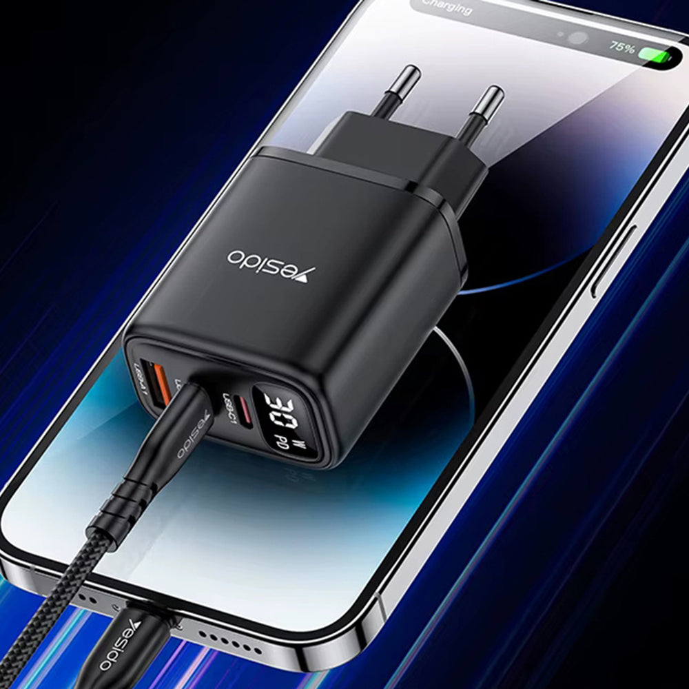 Punjač mreže Yesido YC69 Display, 30W, 3A, 1 x USB-A - 2 x USB-C, Crni