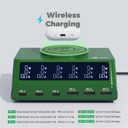 Punjač Stanica 2UUL PC11 QI, 110W, 3A, 3 x USB-A - 3 x USB-C, Zelena
