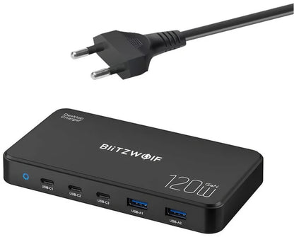 Punjač Stanica BlitzWolf BW-i100, 120W, 5A, 2 x USB-A - 3 x USB-C, Crna