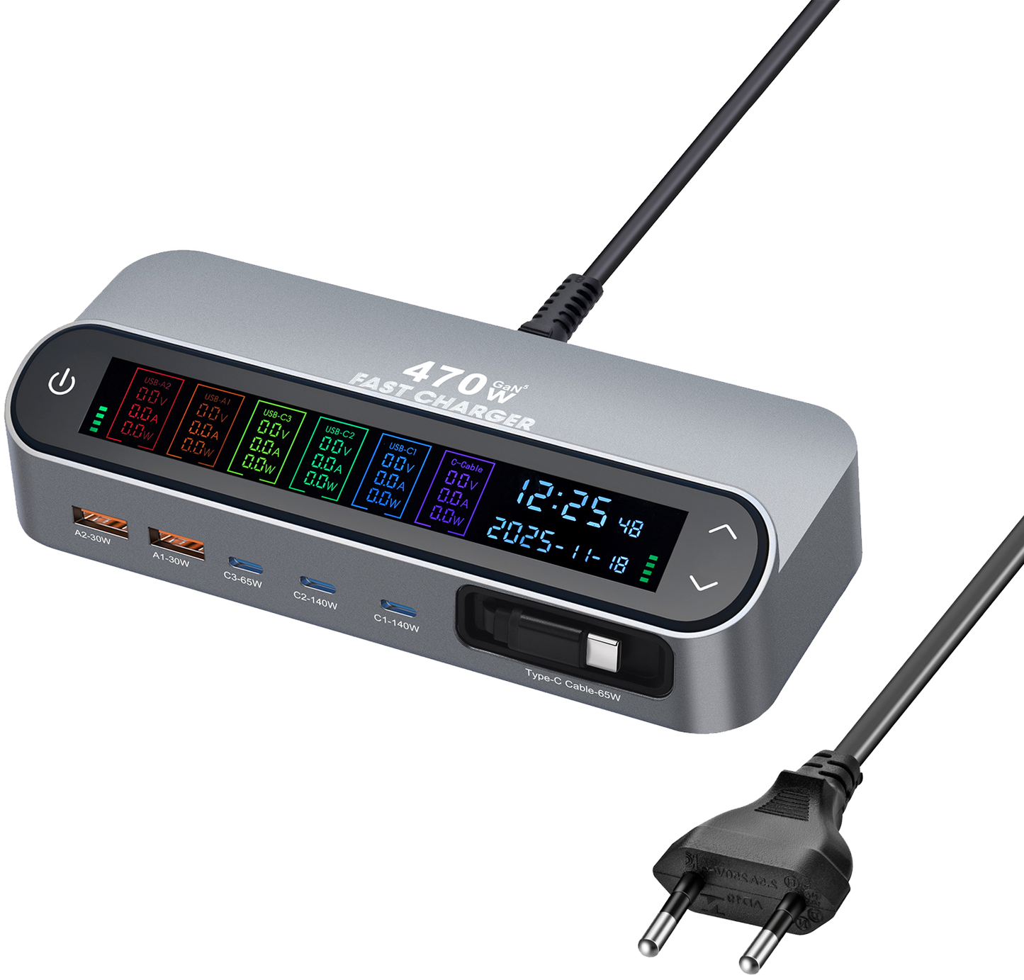 Punjač Stanica Sa USB-C Kablom OEM LCD470W, 470W, 5A, 2 x USB-A - 3 x USB-C, Siva