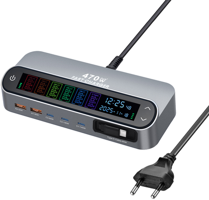 Punjač Stanica Sa USB-C Kablom OEM LCD470W, 470W, 5A, 2 x USB-A - 3 x USB-C, Siva