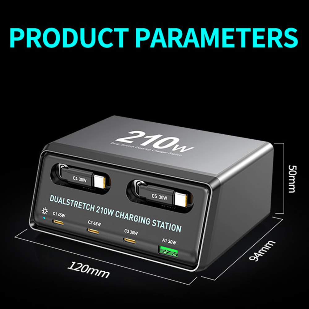 Punjač stanica sa USB-C kablom OEM WLX-60E, 210W, 3A, 1 x USB-A - 3 x USB-C, Siva