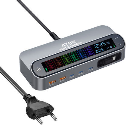 Punjač Stanica Sa USB-C Kablom OEM LCD470W, 470W, 5A, 2 x USB-A - 3 x USB-C, Siva