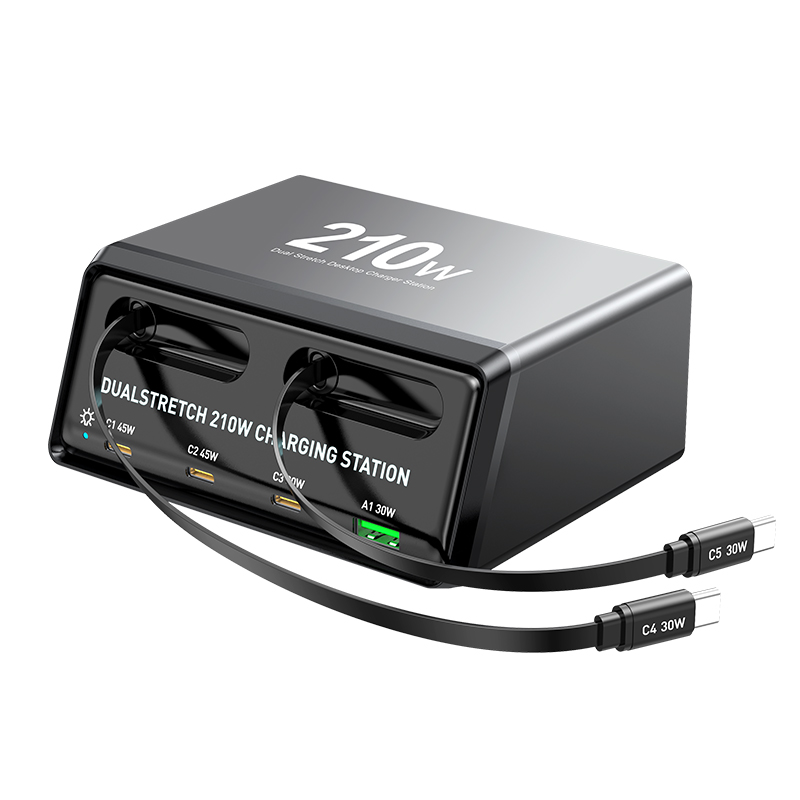 Punjač stanica sa USB-C kablom OEM WLX-60E, 210W, 3A, 1 x USB-A - 3 x USB-C, Siva
