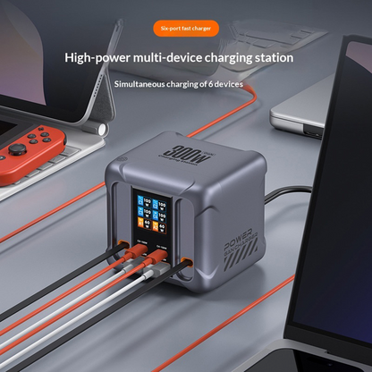 Punjač stanica sa USB-C kablom OEM HW866, 300W, 5A, 2 x USB-A - 2 x USB-C, Siva