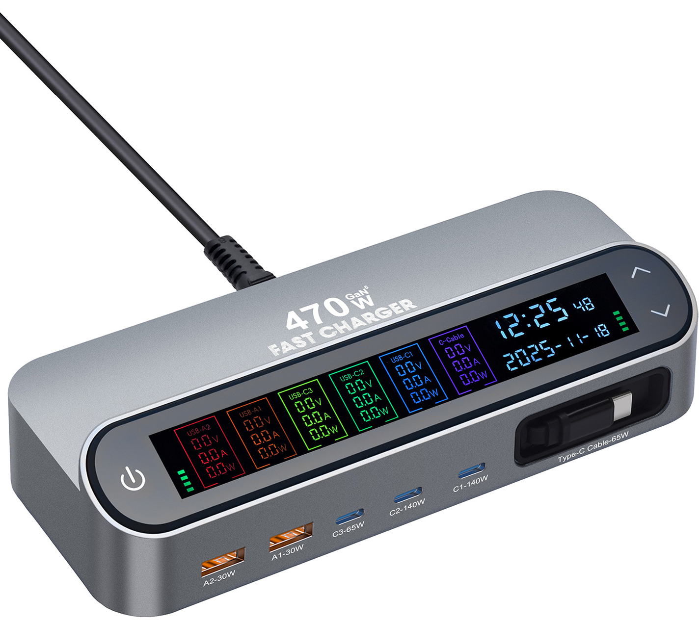 Punjač Stanica Sa USB-C Kablom OEM LCD470W, 470W, 5A, 2 x USB-A - 3 x USB-C, Siva
