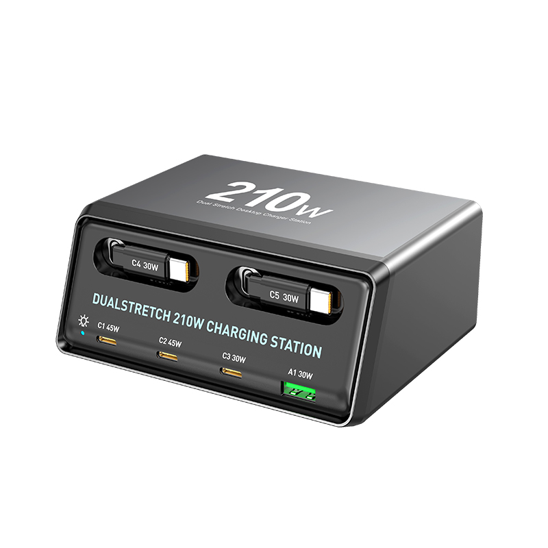 Punjač stanica sa USB-C kablom OEM WLX-60E, 210W, 3A, 1 x USB-A - 3 x USB-C, Siva