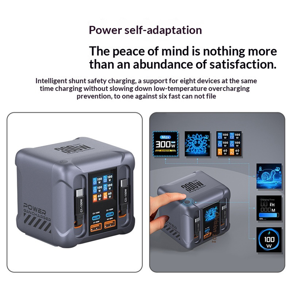 Punjač stanica sa USB-C kablom OEM HW866, 300W, 5A, 2 x USB-A - 2 x USB-C, Siva