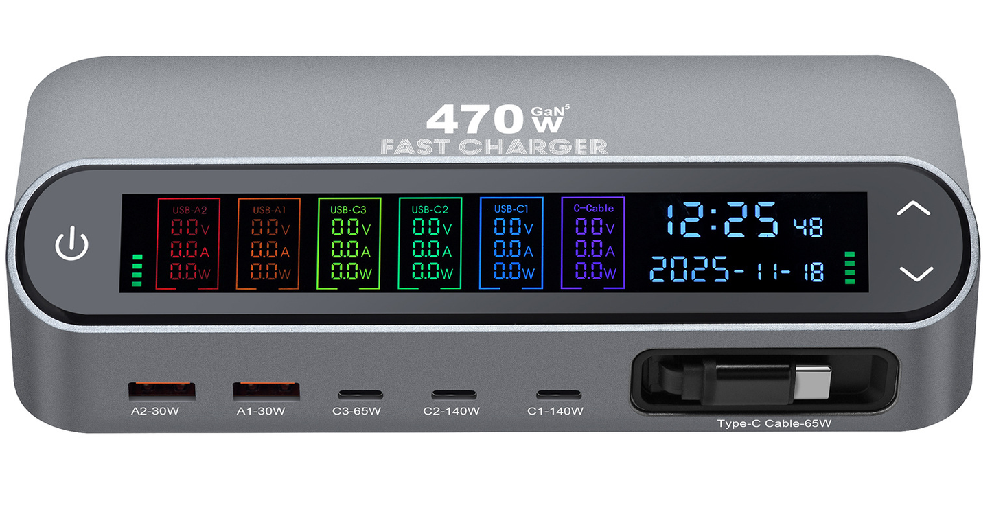 Punjač Stanica Sa USB-C Kablom OEM LCD470W, 470W, 5A, 2 x USB-A - 3 x USB-C, Siva