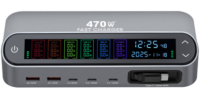 Punjač Stanica Sa USB-C Kablom OEM LCD470W, 470W, 5A, 2 x USB-A - 3 x USB-C, Siva