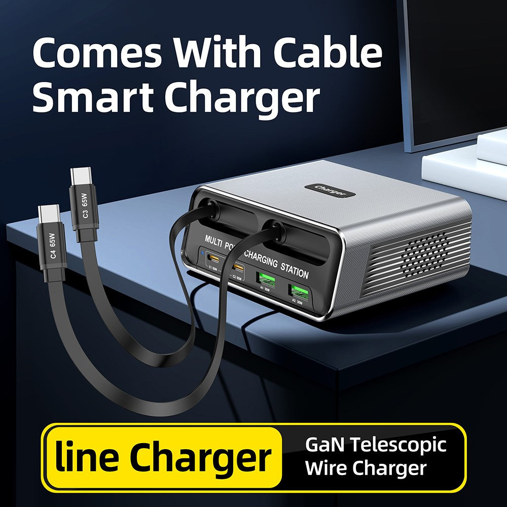 Punjač stanica sa USB-C kablom OEM WLX-60C, 130W, 2 x USB-A - 2 x USB-C, Siva