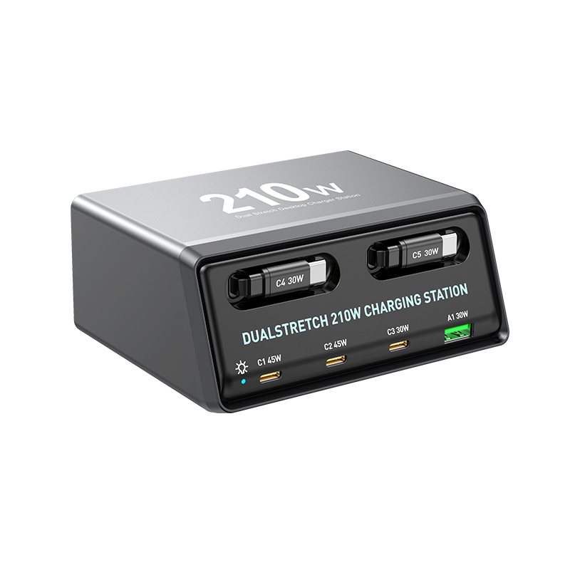 Punjač stanica sa USB-C kablom OEM WLX-60E, 210W, 3A, 1 x USB-A - 3 x USB-C, Siva