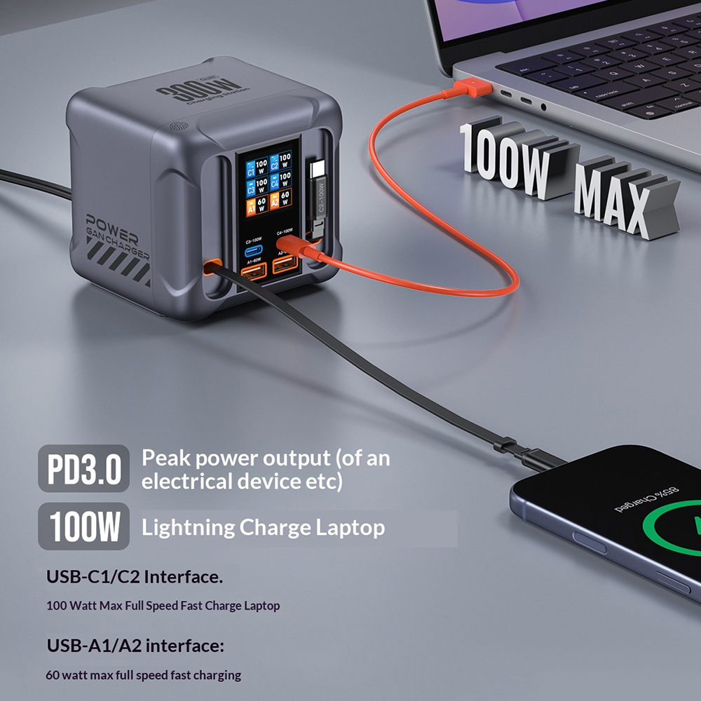 Punjač stanica sa USB-C kablom OEM HW866, 300W, 5A, 2 x USB-A - 2 x USB-C, Siva