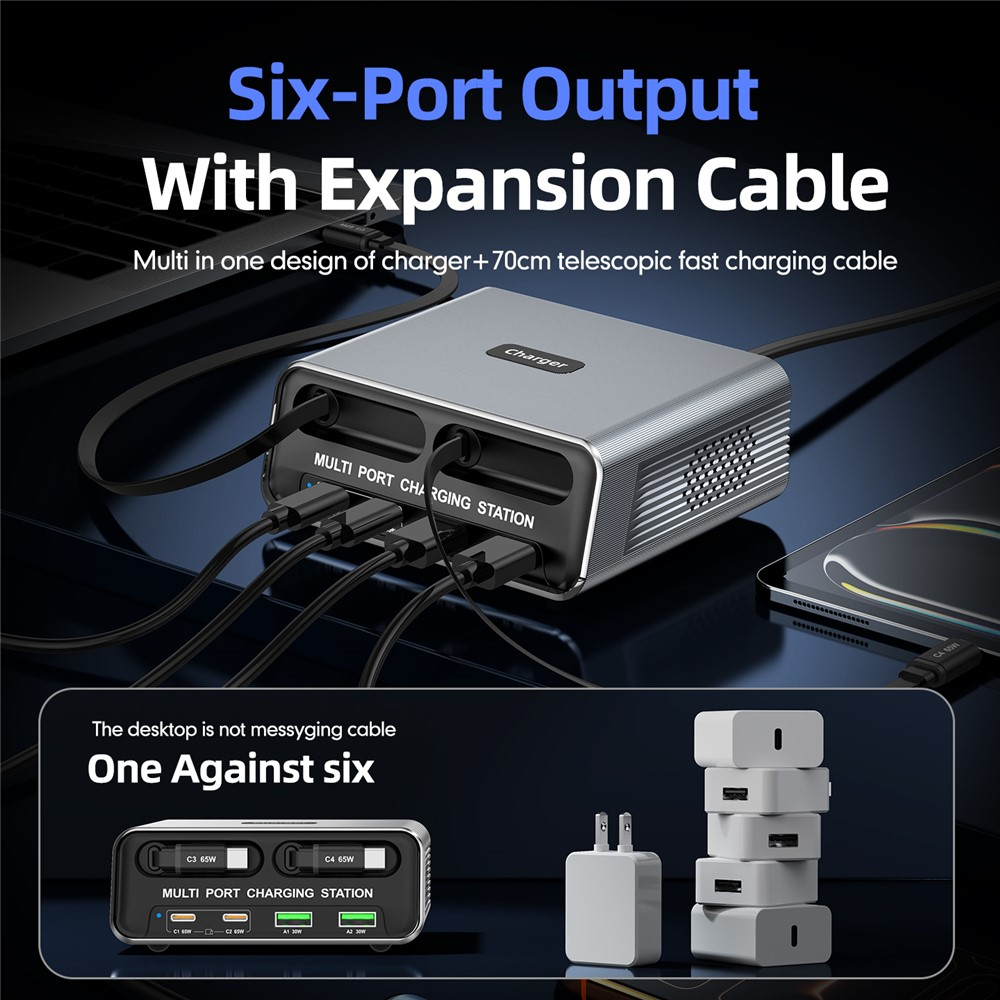 Punjač stanica sa USB-C kablom OEM WLX-60C, 130W, 2 x USB-A - 2 x USB-C, Siva