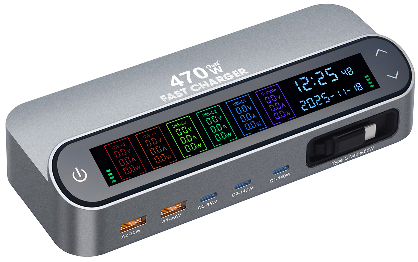 Punjač Stanica Sa USB-C Kablom OEM LCD470W, 470W, 5A, 2 x USB-A - 3 x USB-C, Siva