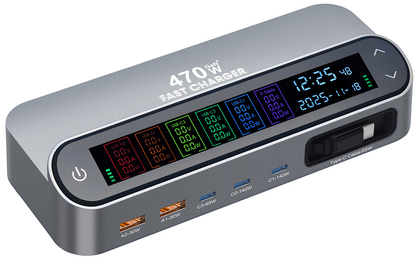 Punjač Stanica Sa USB-C Kablom OEM LCD470W, 470W, 5A, 2 x USB-A - 3 x USB-C, Siva