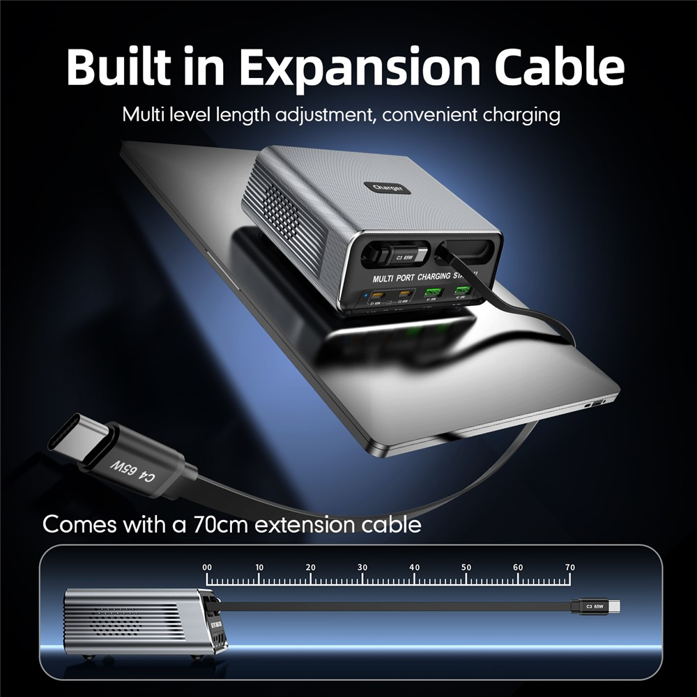 Punjač stanica sa USB-C kablom OEM WLX-60C, 130W, 2 x USB-A - 2 x USB-C, Siva
