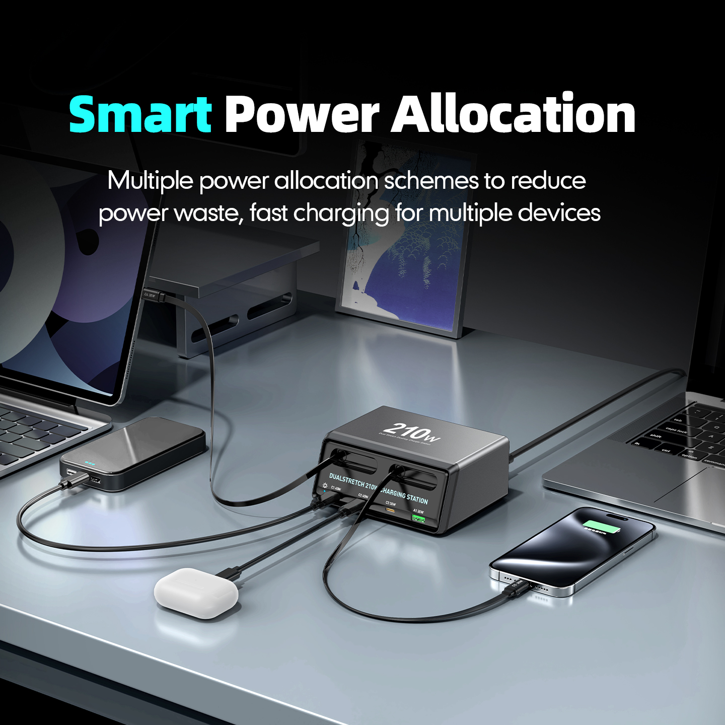 Punjač stanica sa USB-C kablom OEM WLX-60E, 210W, 3A, 1 x USB-A - 3 x USB-C, Siva