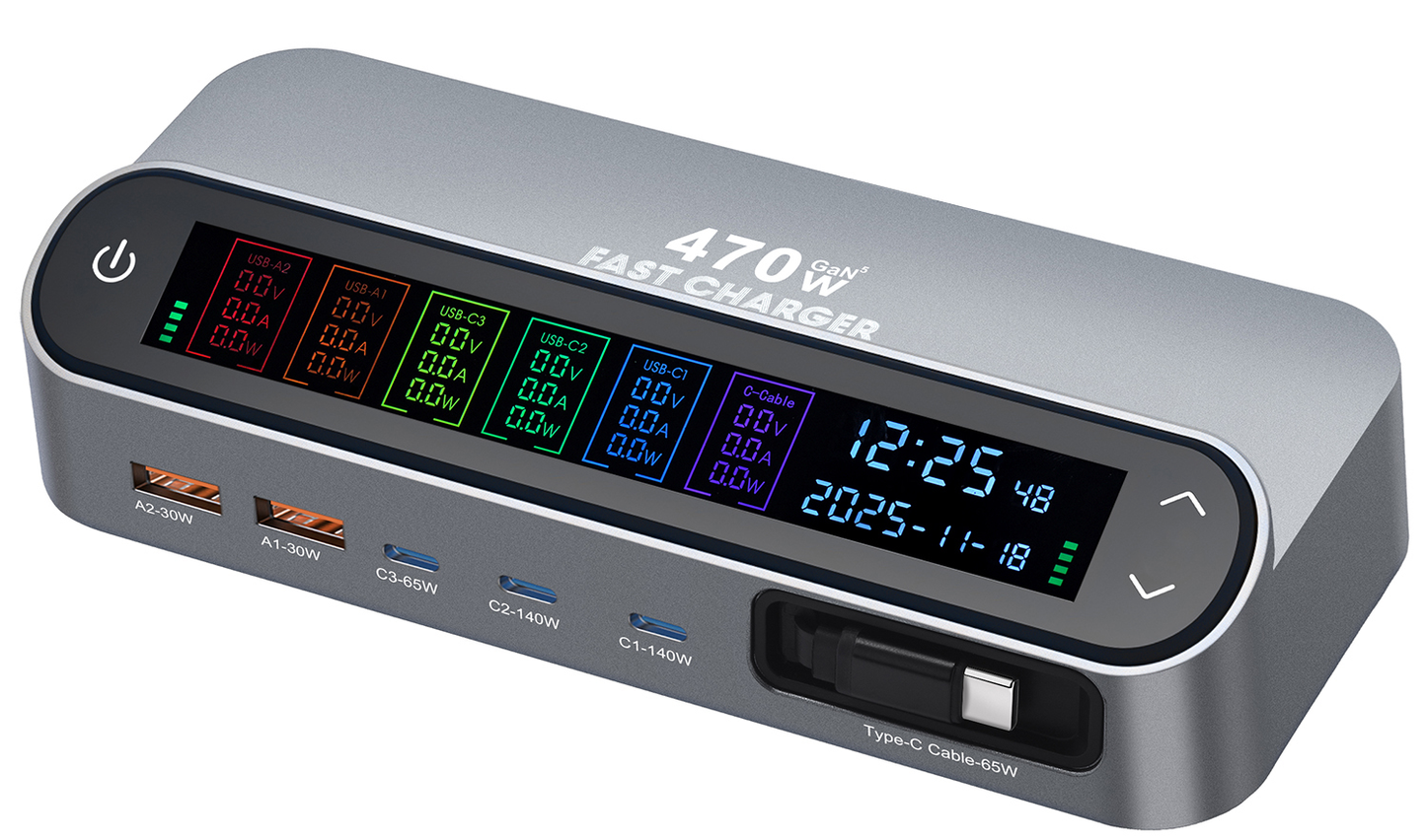 Punjač Stanica Sa USB-C Kablom OEM LCD470W, 470W, 5A, 2 x USB-A - 3 x USB-C, Siva