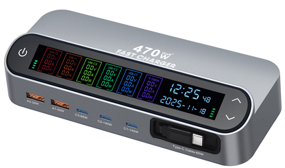 Punjač Stanica Sa USB-C Kablom OEM LCD470W, 470W, 5A, 2 x USB-A - 3 x USB-C, Siva