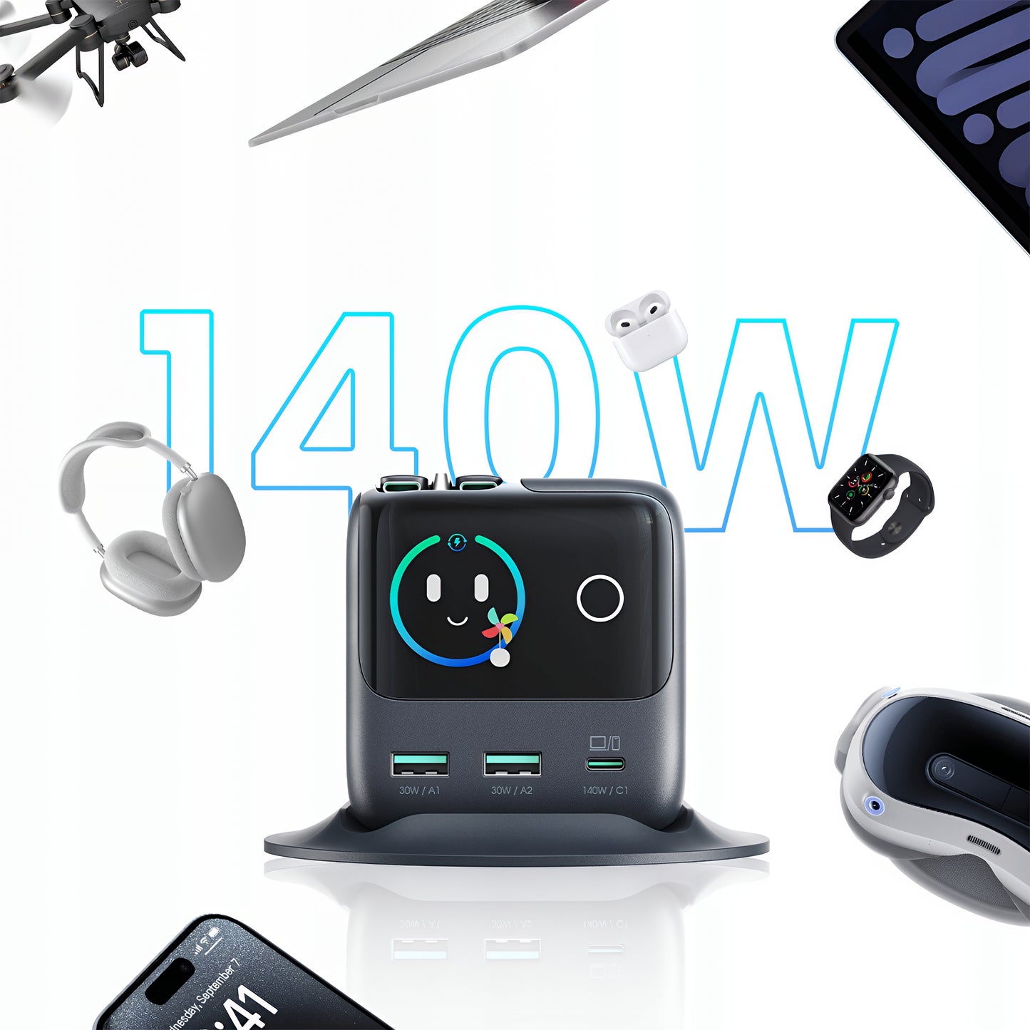 Punjač Stanica sa USB-C Kabelom Joyroom Podix JR-TRD01, 140W, 1 x USB-C - 2 x USB-A, Siva