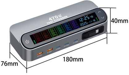 Punjač Stanica Sa USB-C Kablom OEM LCD470W, 470W, 5A, 2 x USB-A - 3 x USB-C, Siva