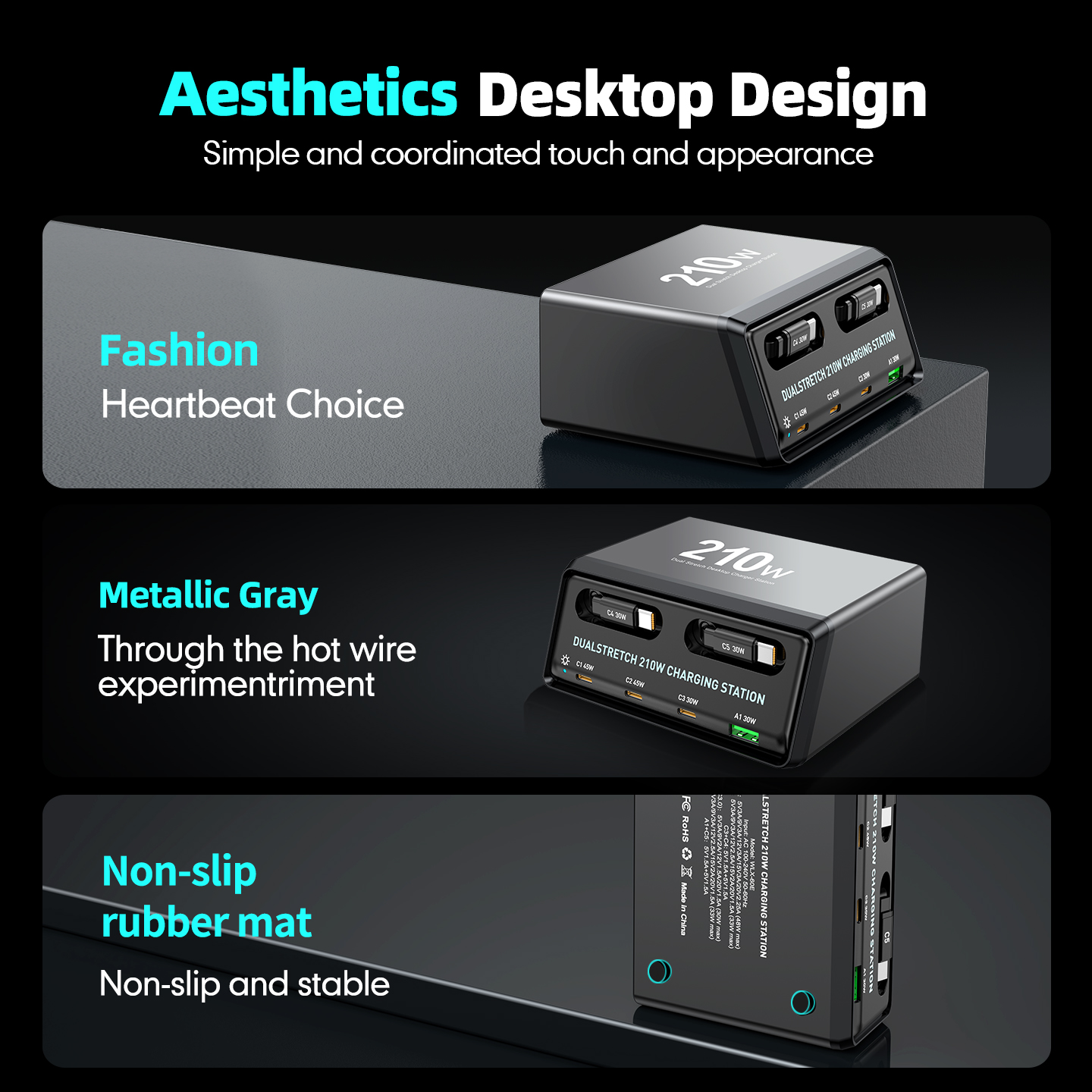 Punjač stanica sa USB-C kablom OEM WLX-60E, 210W, 3A, 1 x USB-A - 3 x USB-C, Siva