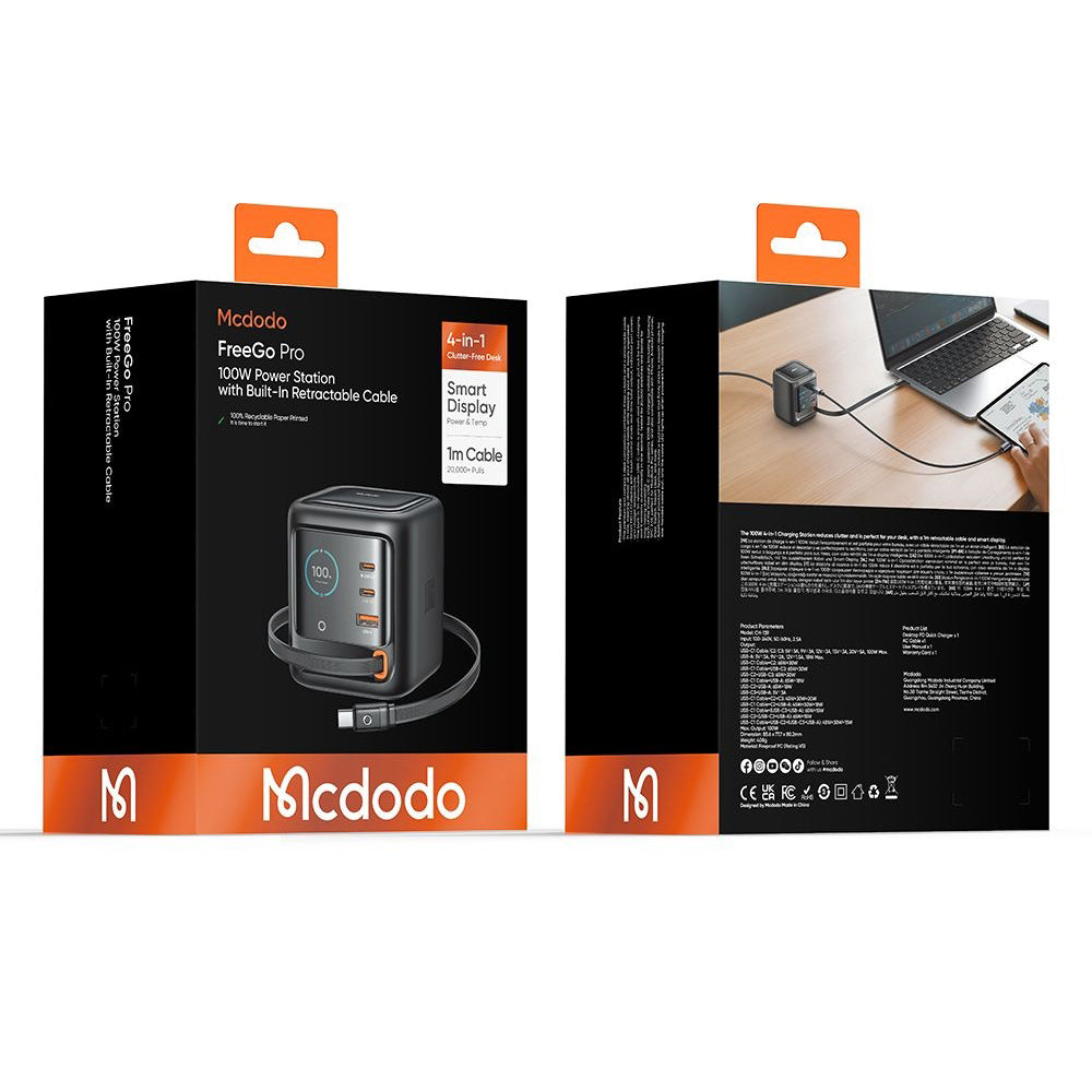 Punjač Stanica Sa USB-C Kablićem Mcdodo FreeGo CH-1391 Display, 100W, 5A, 1 x USB-A - 2 x USB-C, Crna