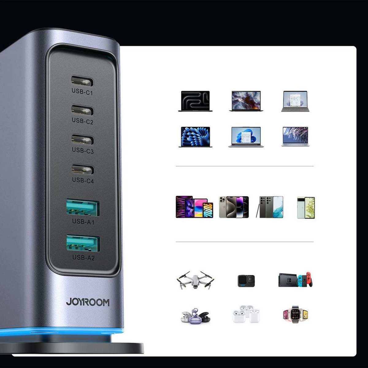 Punjač Stanica Joyroom JR-TCM02 UK, 65W, 3.25A, 2 x USB-A - 4 x USB-C, Siva