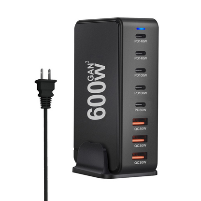 OEM stanica punjač, 600W, 4 x USB-A - 4 x USB-C, Crna