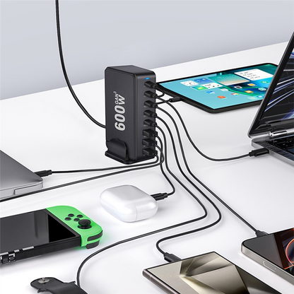 OEM stanica punjač, 600W, 4 x USB-A - 4 x USB-C, Crna