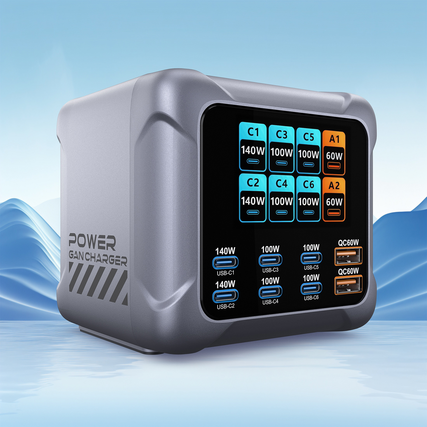 Punjač Stanica OEM BK-126D, 140W, 5A, 2 x USB-A - 6 x USB-C, Siva