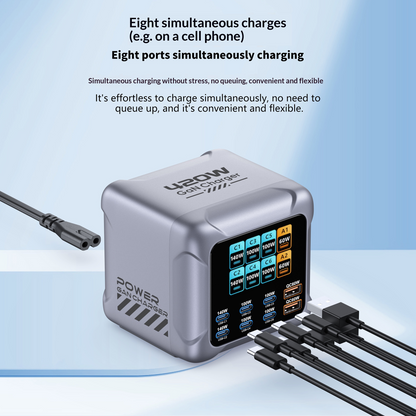 Punjač Stanica OEM BK-126D, 140W, 5A, 2 x USB-A - 6 x USB-C, Siva