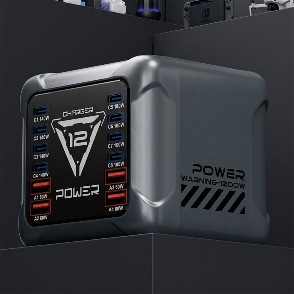 Punjač Stanica OEM BK-127D, 280W, 5A, 4 x USB-A - 8 x USB-C, Siva
