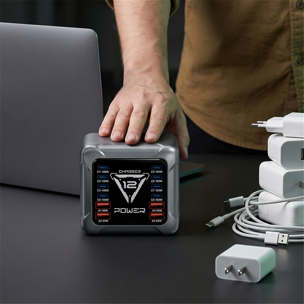Punjač Stanica OEM BK-127D, 280W, 5A, 4 x USB-A - 8 x USB-C, Siva