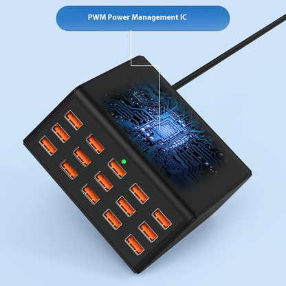 Punjač Stanica OEM HW15, 100W, 2A, 15 x USB-A, Crna