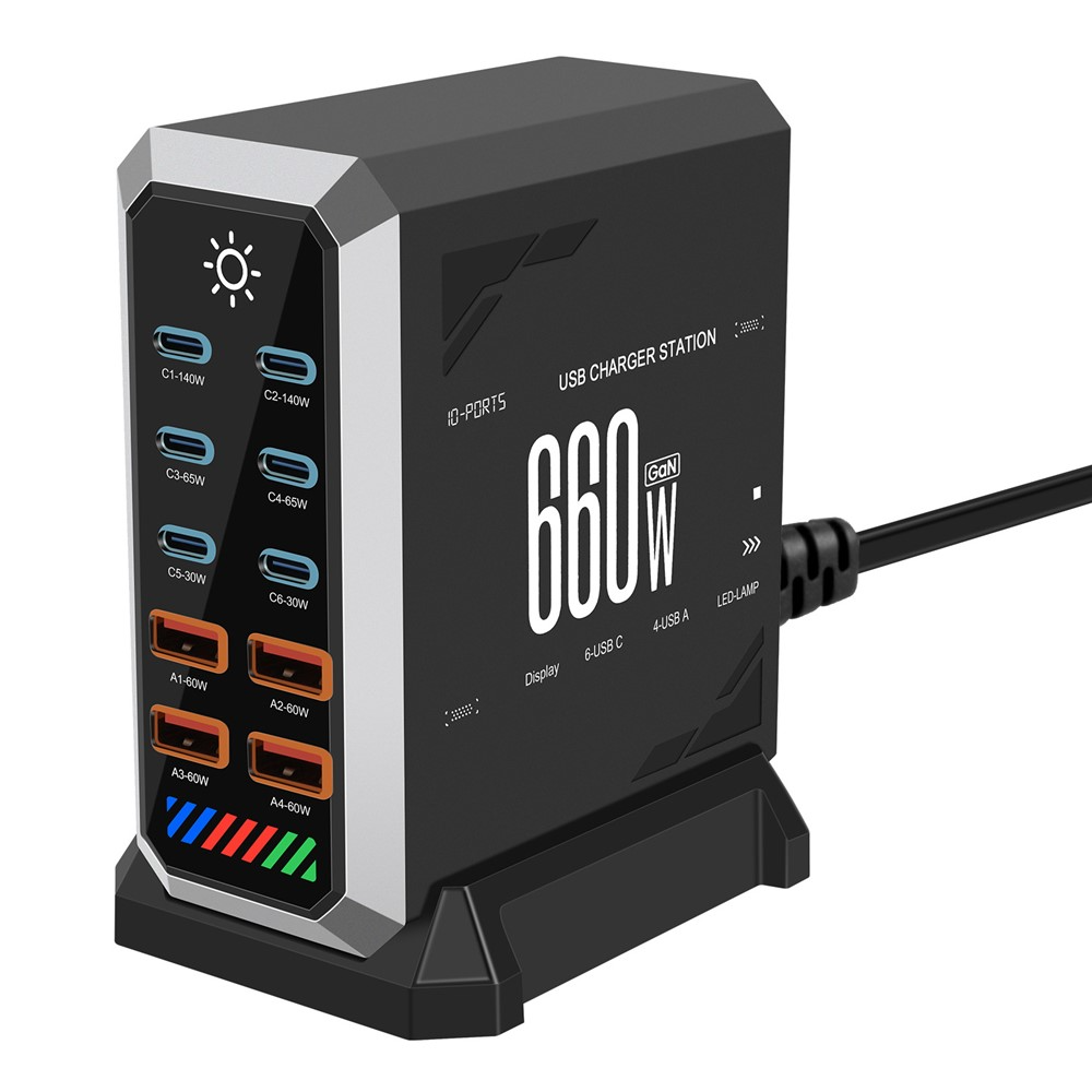Punjač Stanica OEM HW18, 660W, 5A, 4 x USB-A - 6 x USB-C, Crna