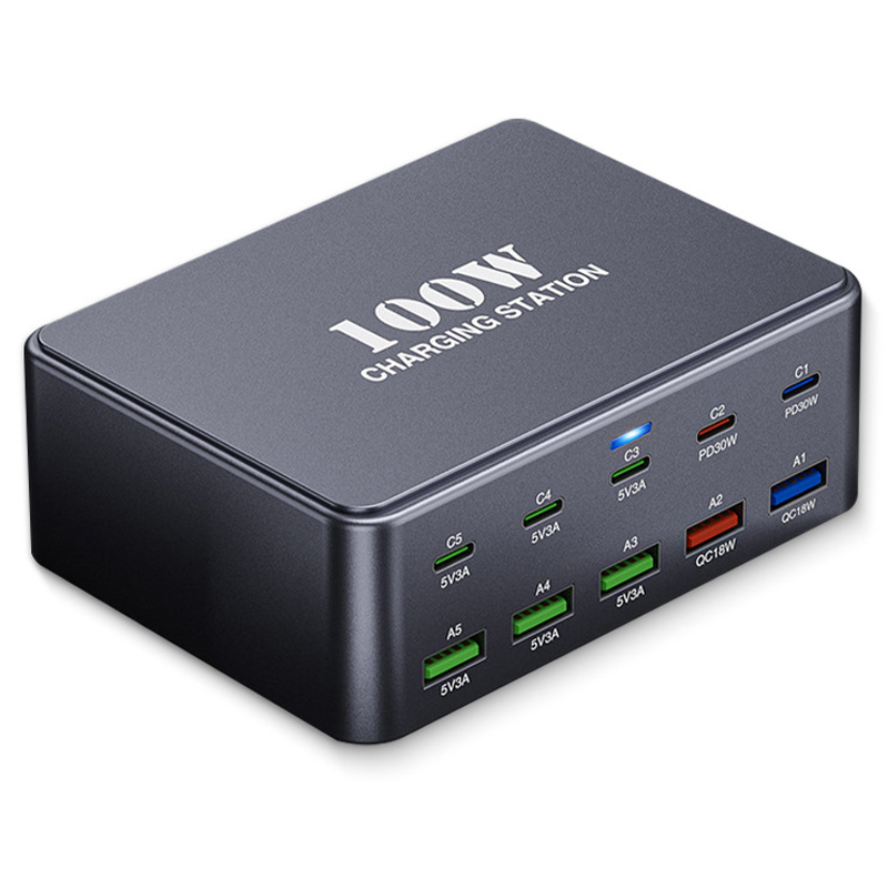 Punjač Stanica OEM HW33, 100W, 3A, 5 x USB-A - 5 x USB-C, Siva
