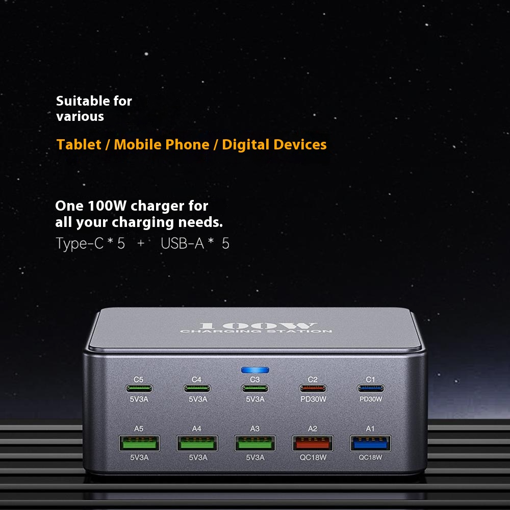 Punjač Stanica OEM HW33, 100W, 3A, 5 x USB-A - 5 x USB-C, Siva