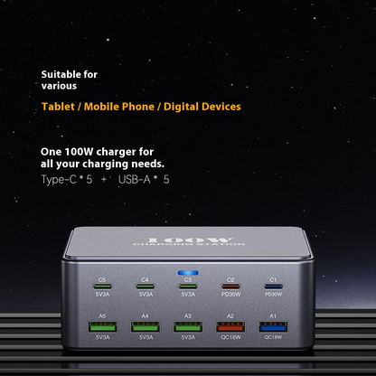 Punjač Stanica OEM HW33, 100W, 3A, 5 x USB-A - 5 x USB-C, Siva
