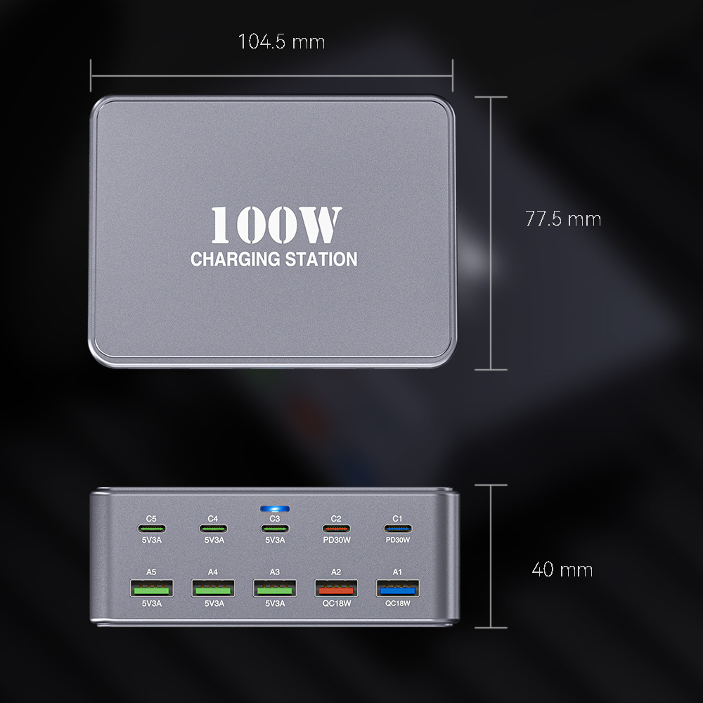 Punjač Stanica OEM HW33, 100W, 3A, 5 x USB-A - 5 x USB-C, Siva