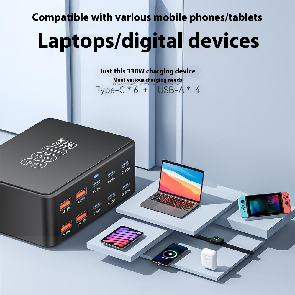 Punjač Stanica OEM HW66, 330W, 5A, 4 x USB-A - 6 x USB-C, Crna