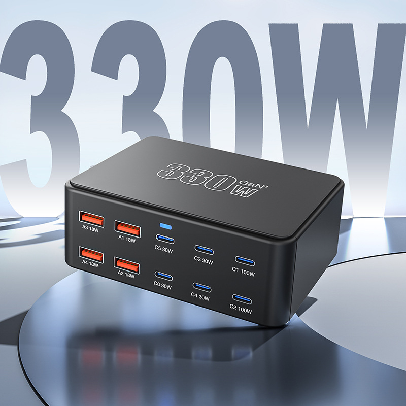Punjač Stanica OEM HW66, 330W, 5A, 4 x USB-A - 6 x USB-C, Crna