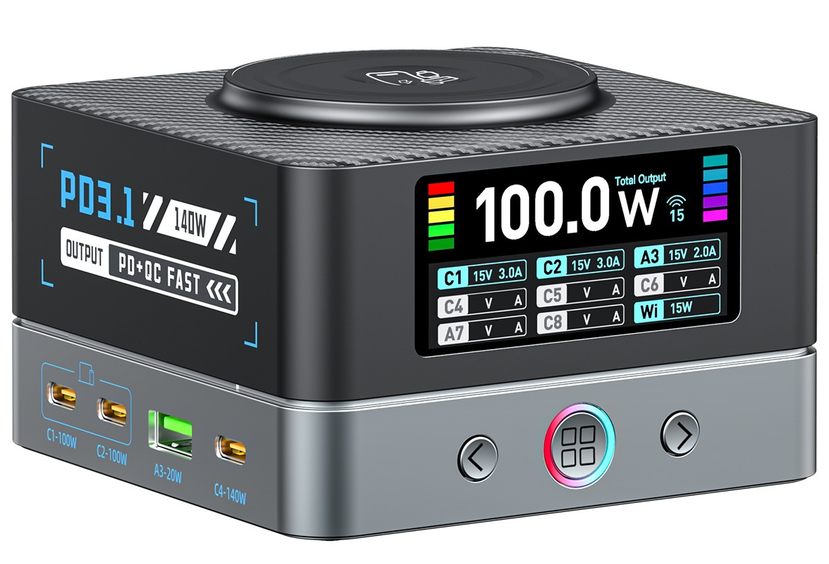 Punjač Stanica OEM WLX-R8A QI, 140W, 5A, 2 x USB-A - 6 x USB-C, Siva